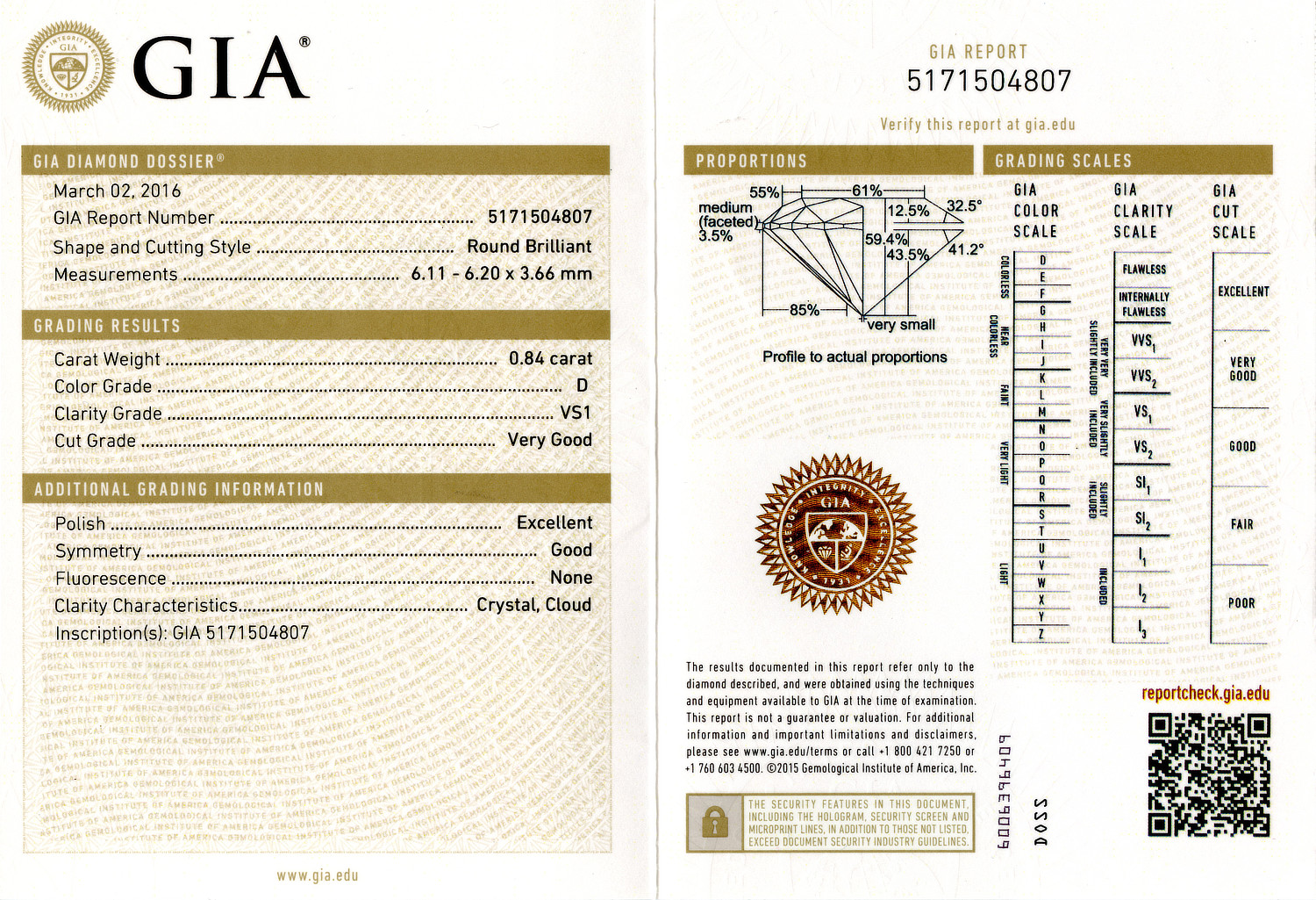 Gallery image of this GIA Certified 0.84ct Round Brilliant Cut Diamond D/VS1