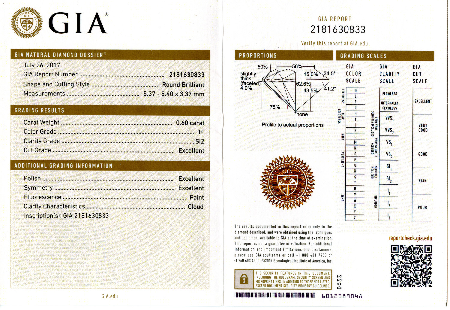 Gallery image of this GIA Certified 0.60ct Round Brilliant Cut Diamond H/SI2