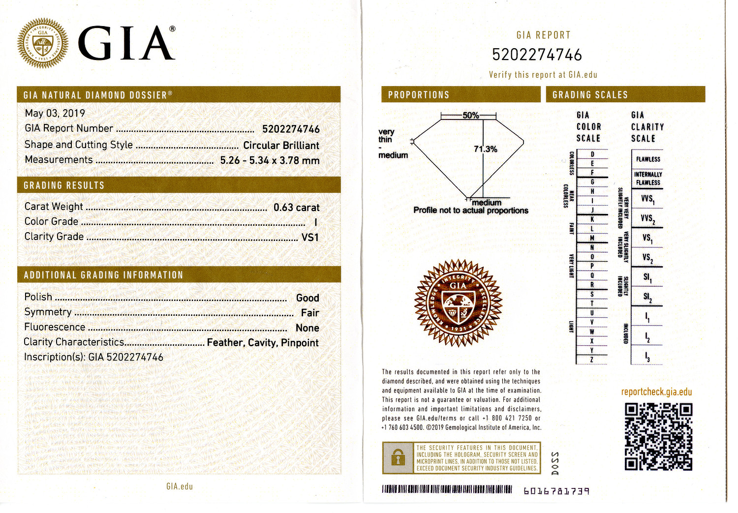 Gallery image of this GIA Certified 0.63ct Circular Brilliant Cut Diamond I/VS1