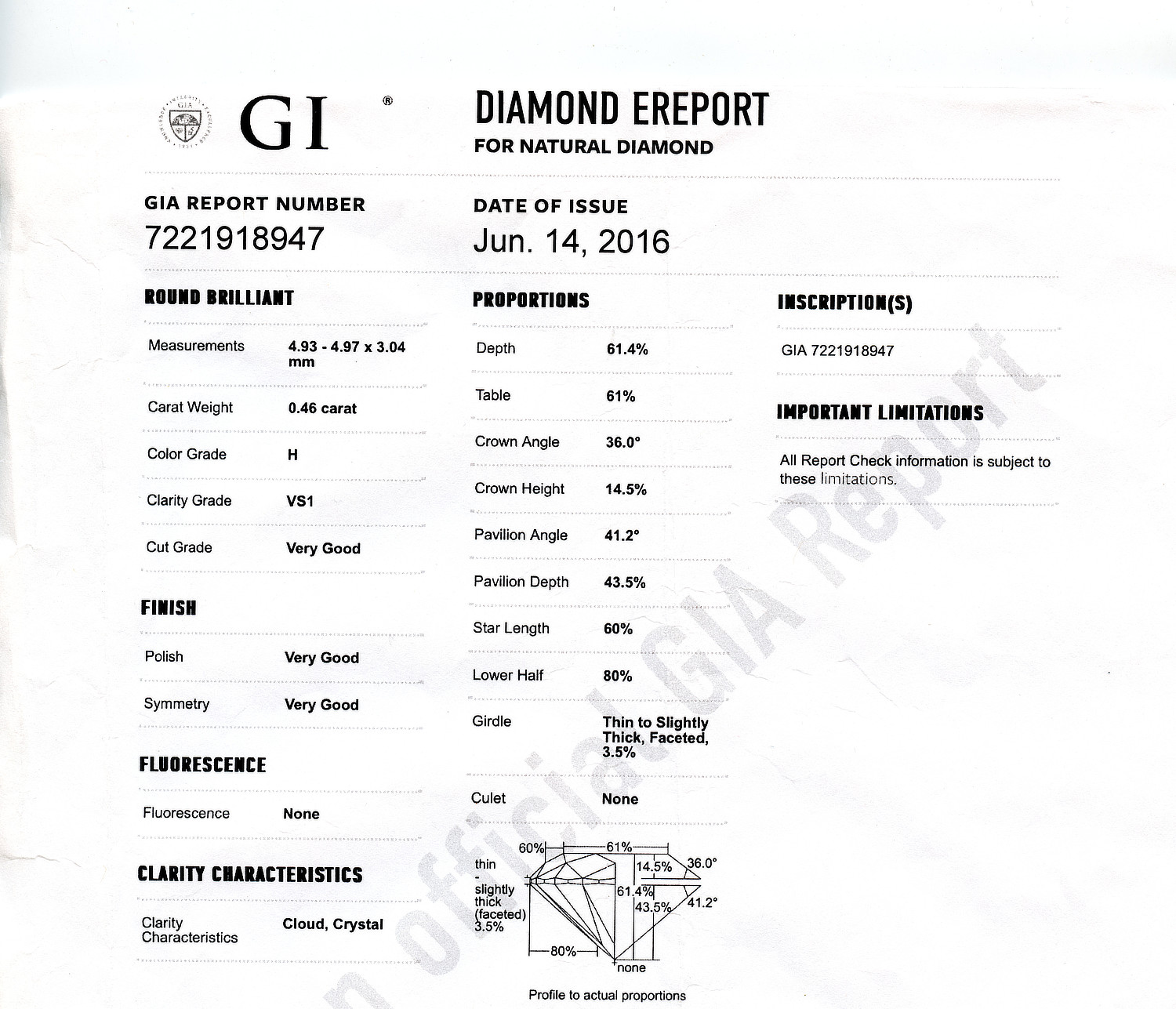 Gallery image of this GIA Certified 0.46ct Round Brilliant Cut Diamond H/VS1