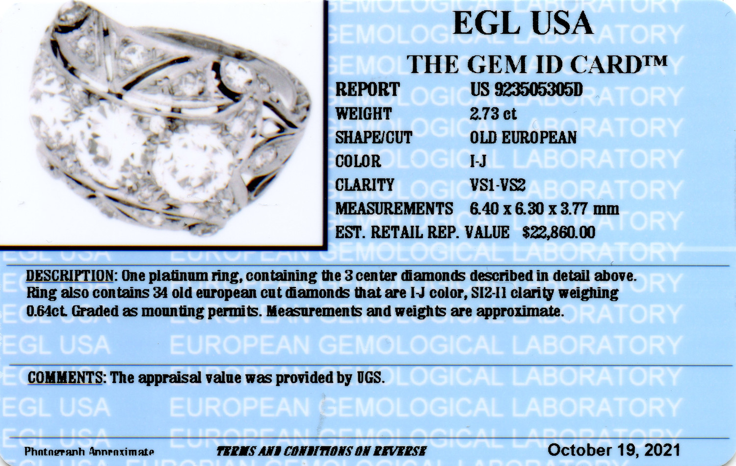 Gallery image of this Vintage Women’s Platinum Diamond Ring EGL Cert