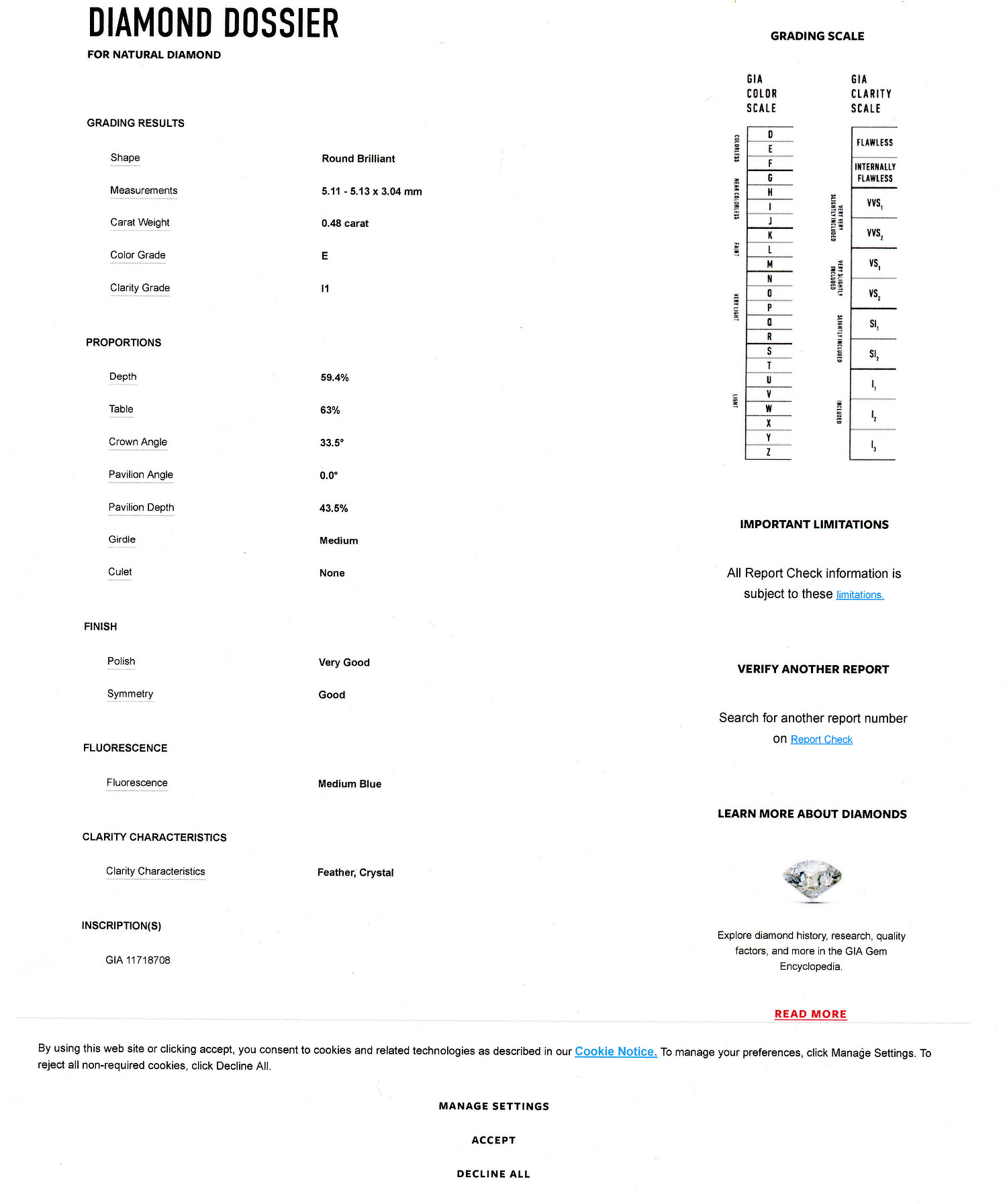 Gallery image of this GIA Certified 0.48ct Round Brilliant Cut Diamond E/I1