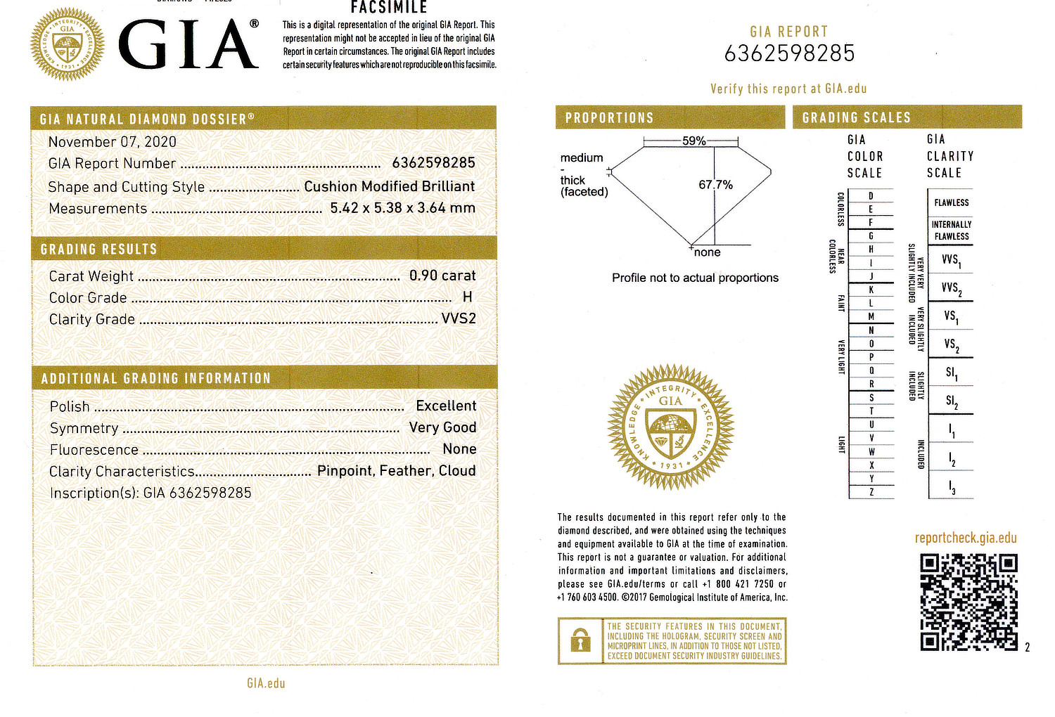 Gallery image of this GIA Certified 0.90ct Cushion Brilliant Cut Diamond H/VVS2