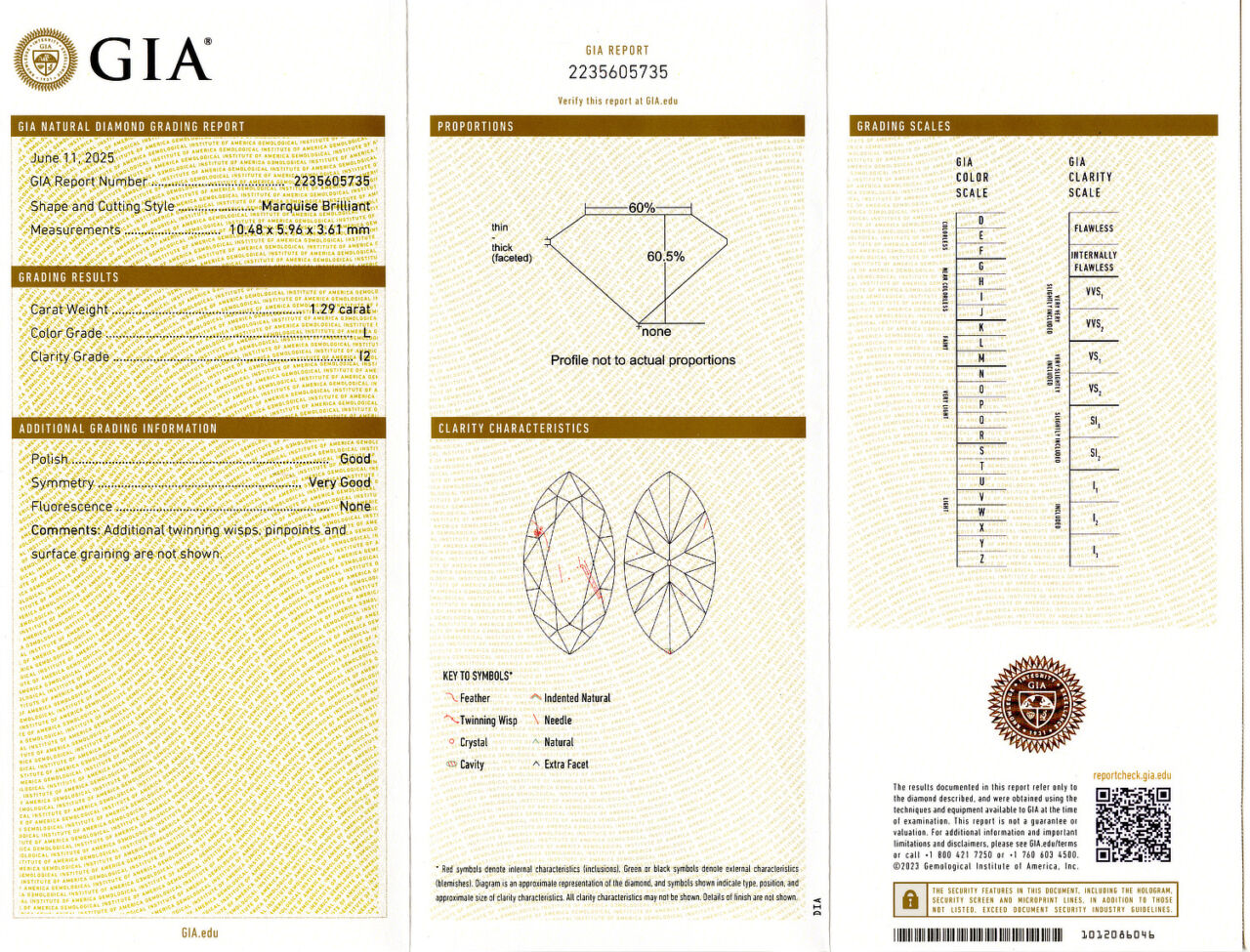 Gallery image of this GIA Certified 1.29ct Marquise Cut Diamond L/I2