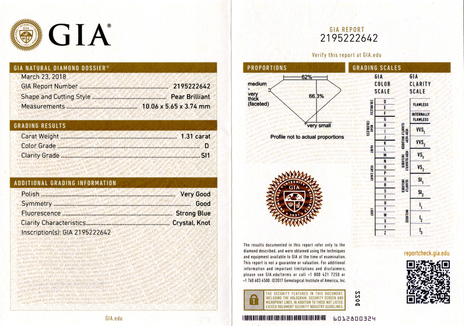 Gallery image of this GIA Certified 1.31ct Pear Cut Diamond D/SI1