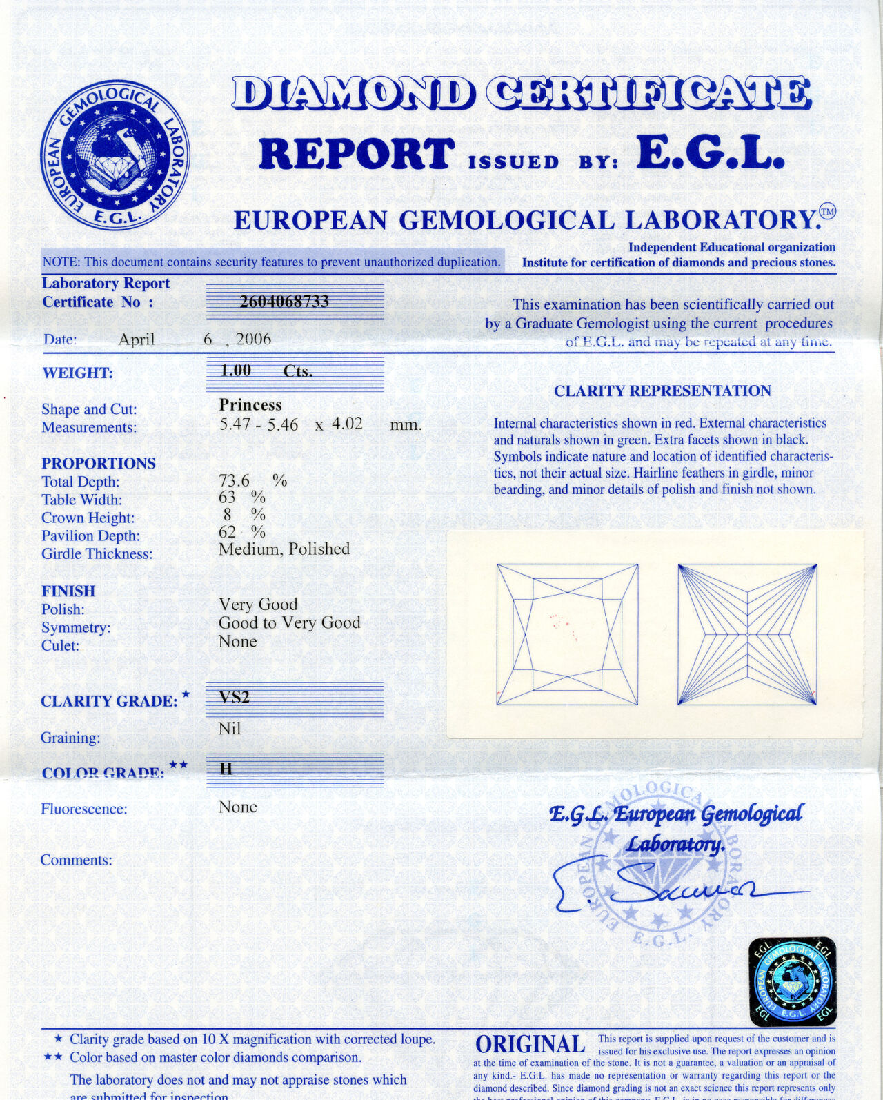 Gallery image of this EGL Certified 1.00ct Princess Cut Diamond H/VS2