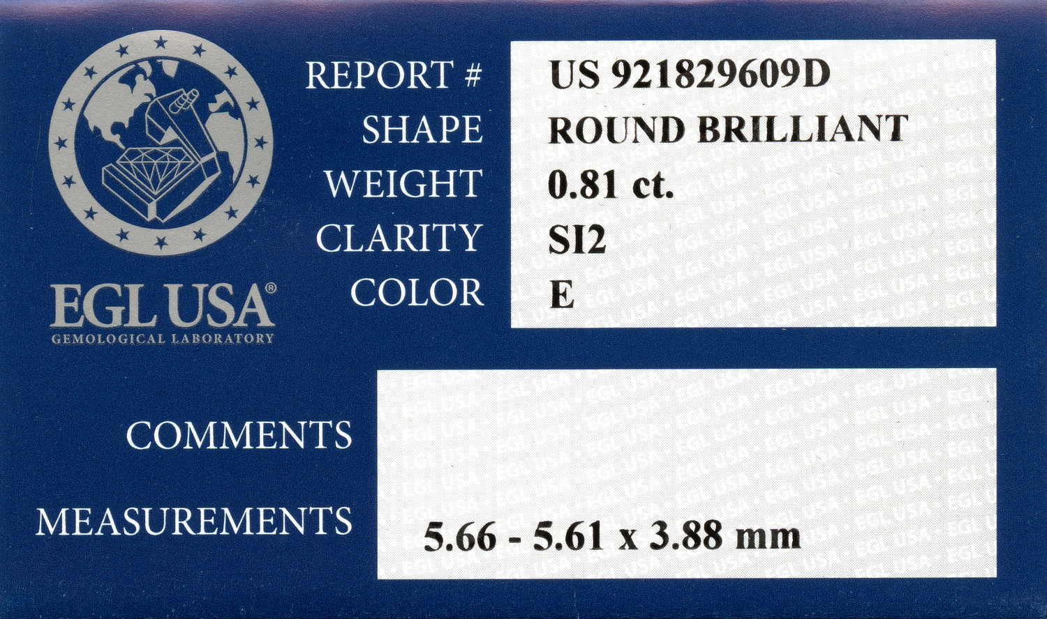 Gallery image of this EGL Certified 0.81ct Round Brilliant Cut Diamond E/SI2