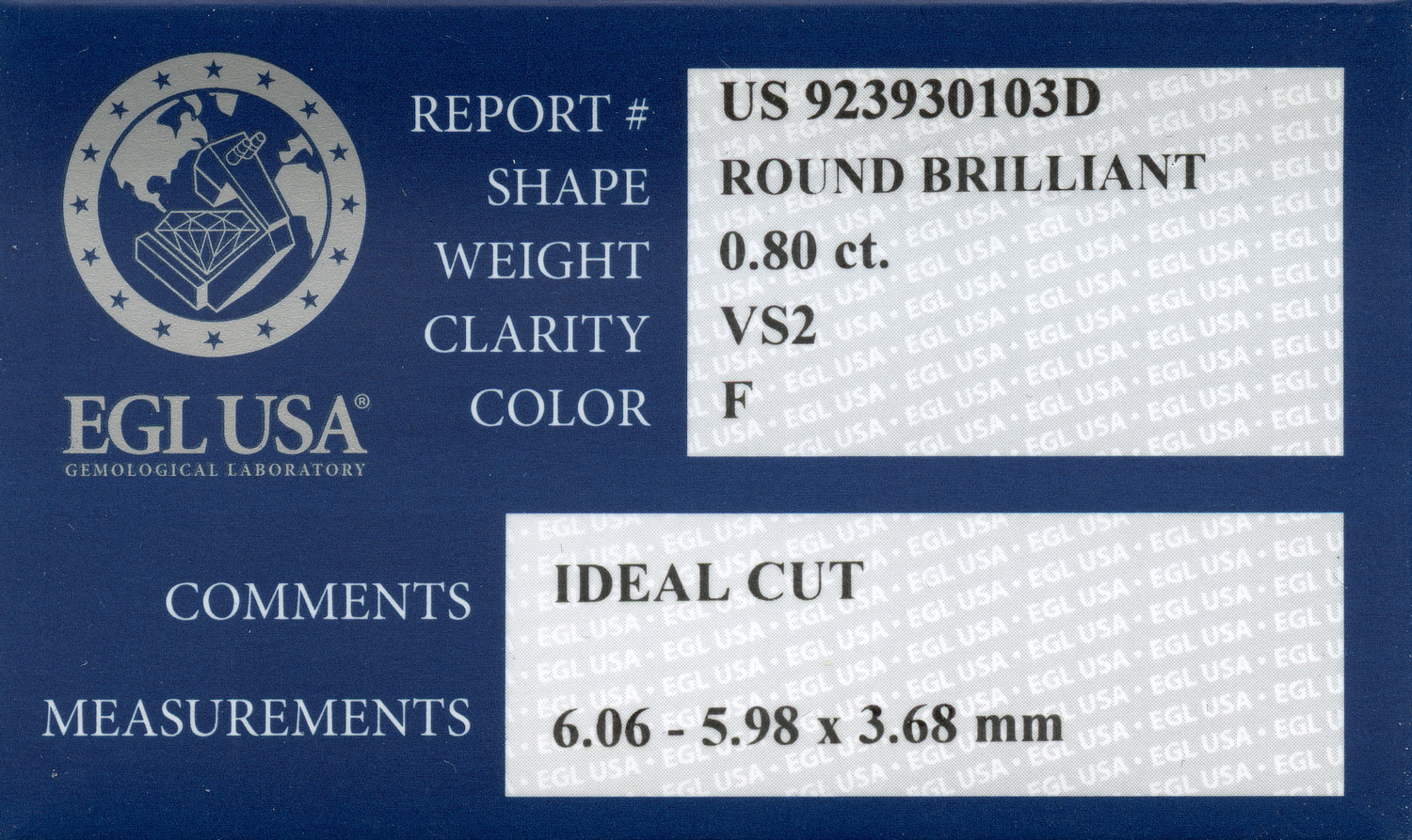 Gallery image of this EGL Certified 0.80ct Round Brilliant Cut Diamond F/VS2