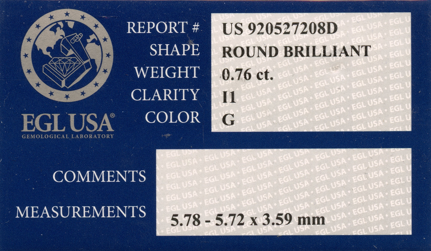 Gallery image of this EGL Certified 0.76ct Round Brilliant Cut Diamond G/I1