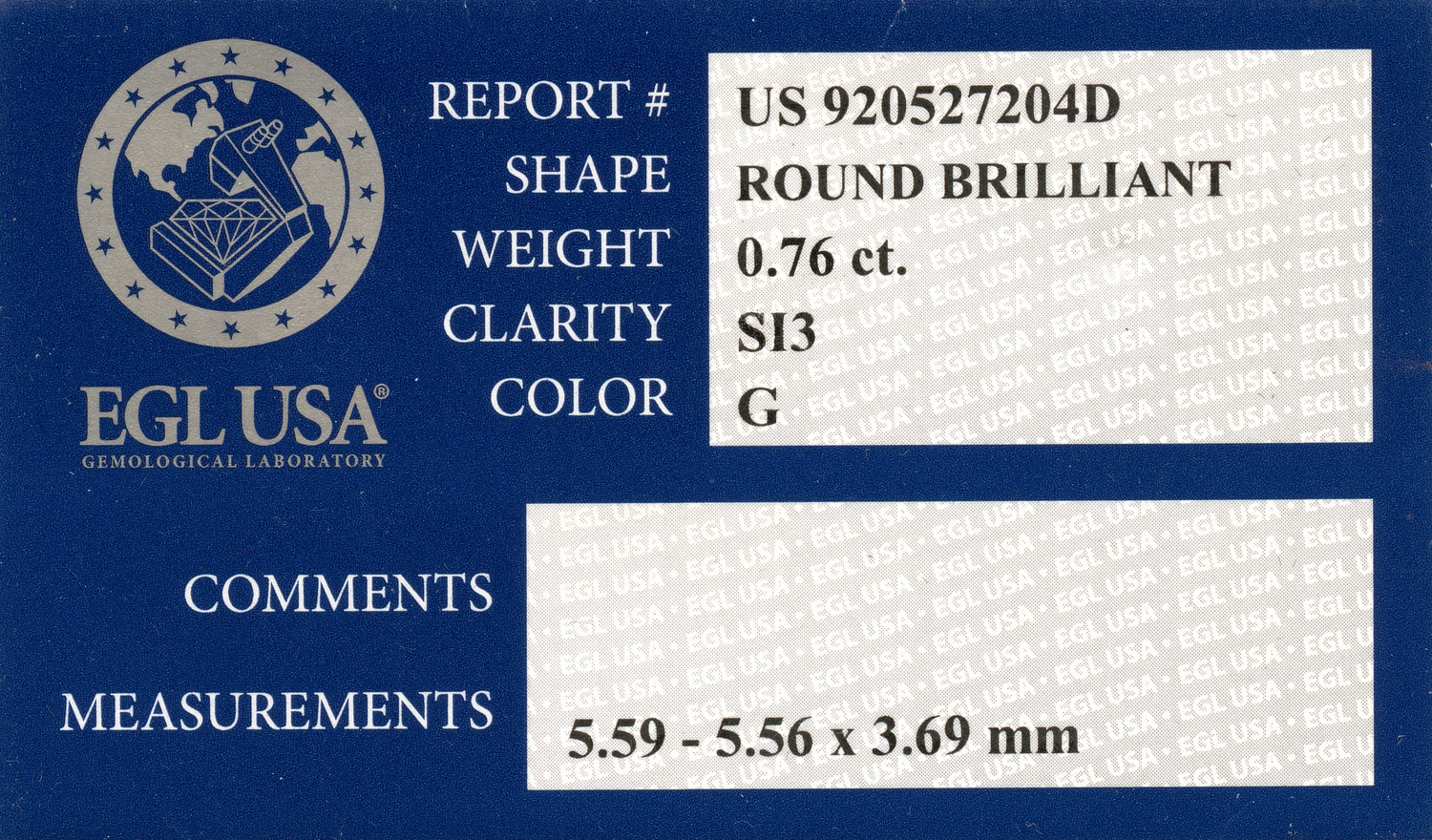 Gallery image of this EGL Certified 0.76ct Round Brilliant Cut Diamond G/SI3