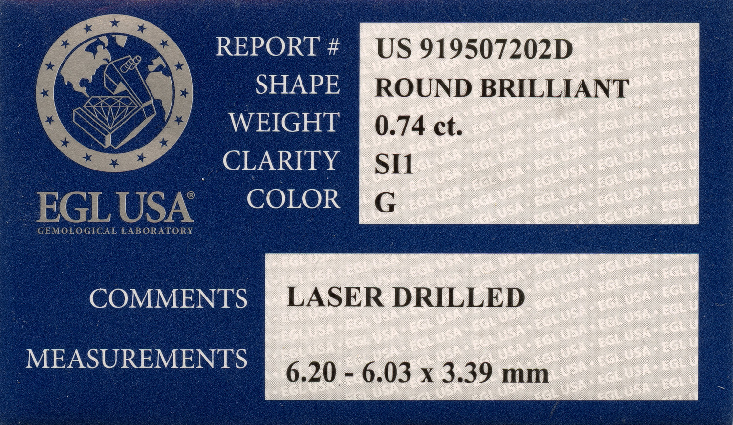 Gallery image of this EGL Certified 0.74ct Round Brilliant Cut Diamond G/SI1