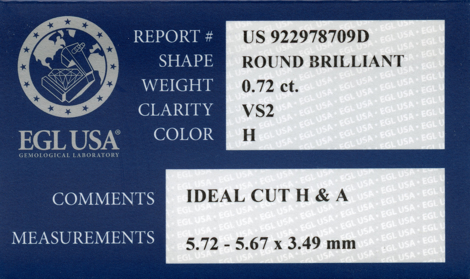 Gallery image of this EGL Certified 0.72ct Round Brilliant Cut Diamond H/VS2