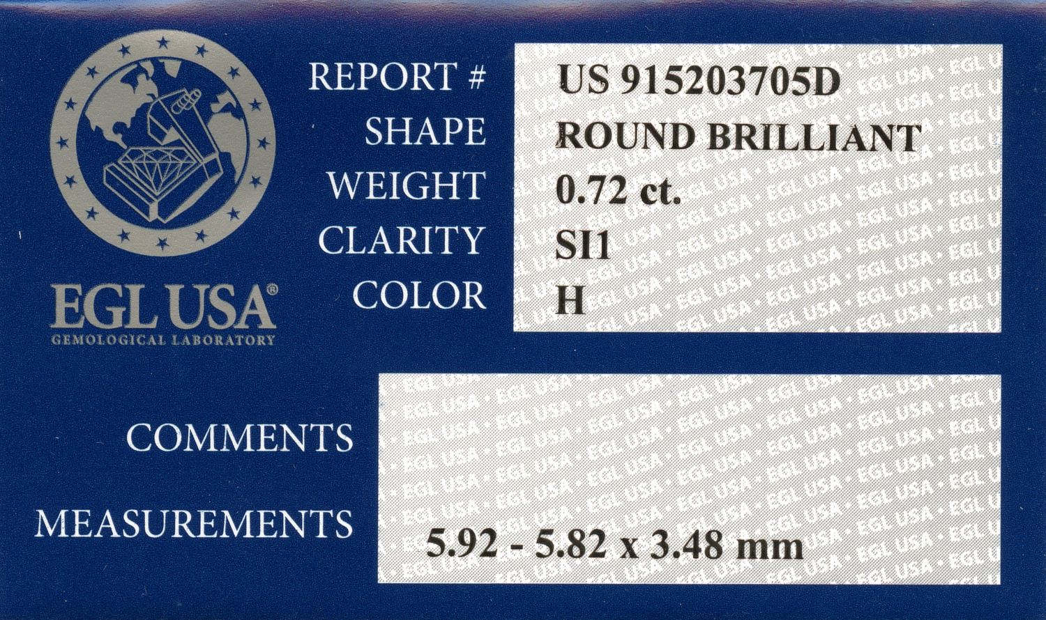 Gallery image of this EGL Certified 0.72ct Round Brilliant Cut Diamond H/SI1