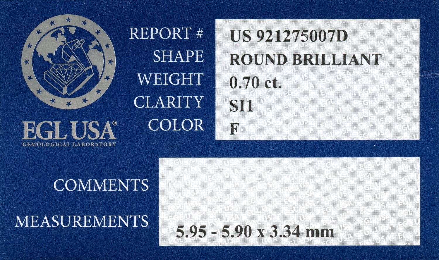 Gallery image of this EGL Certified 0.70ct Round Brilliant Cut Diamond F/SI1