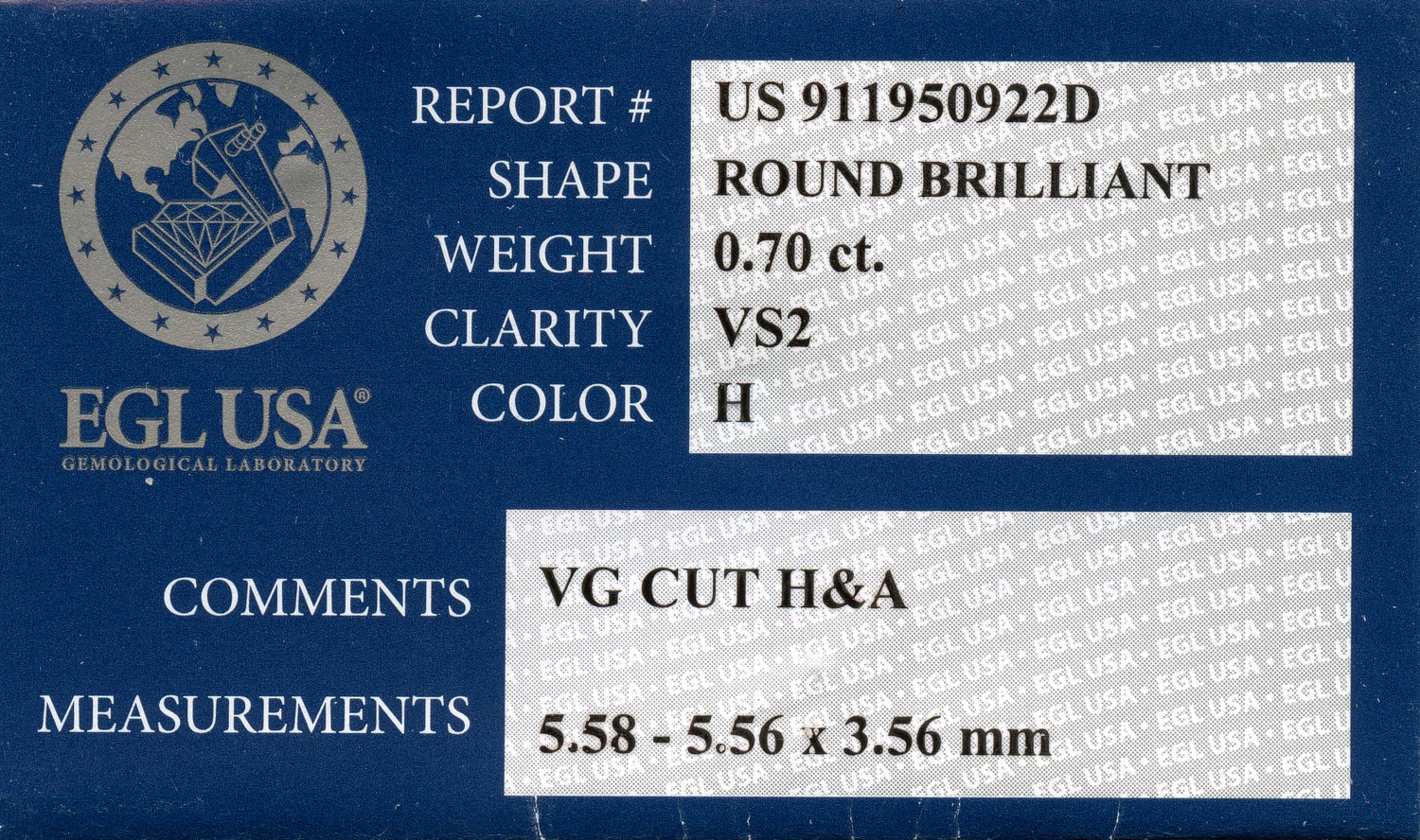 Gallery image of this EGL Certified 0.70ct Round Brilliant Cut Diamond H/VS2