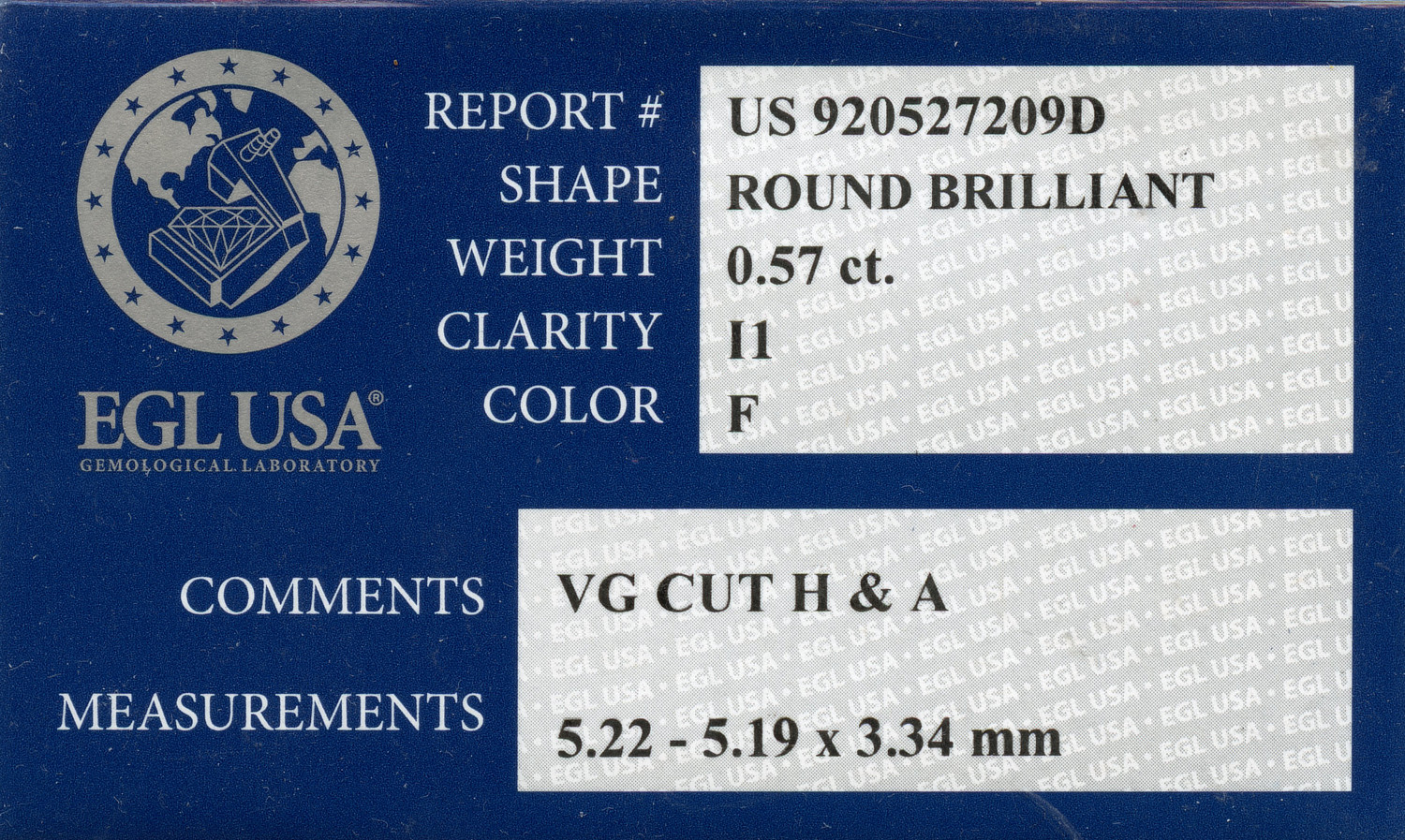 Gallery image of this EGL Certified 0.57ct Round Brilliant Cut Diamond F/I1