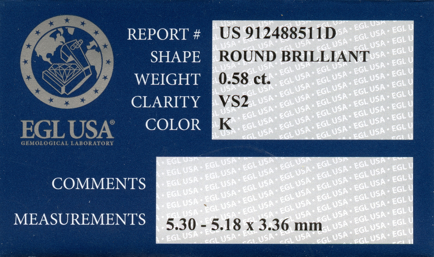 Gallery image of this EGL Certified 0.58ct Round Brilliant Cut Diamond K/VS2