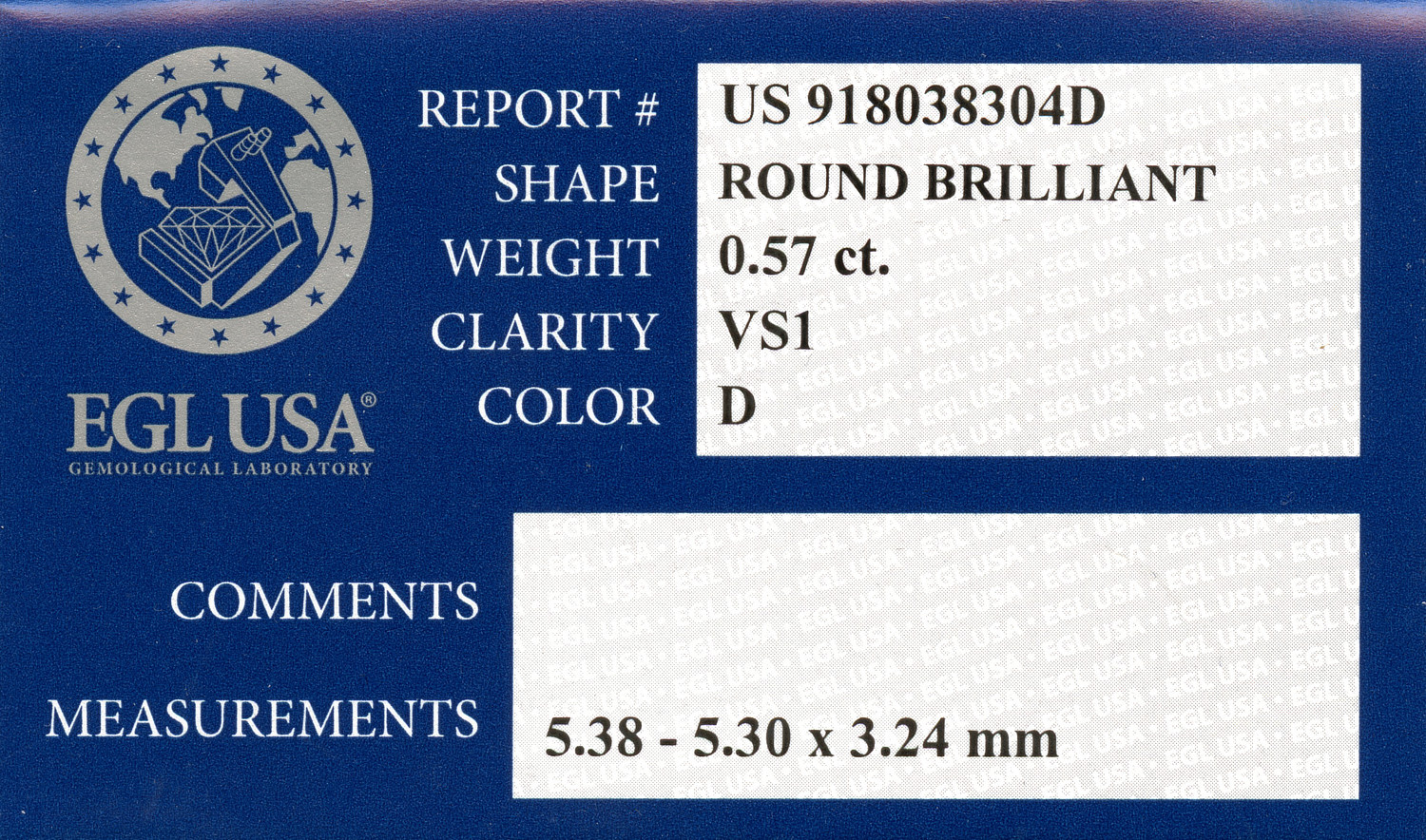 Gallery image of this EGL Certified 0.57ct Round Brilliant Cut Diamond D/VS1