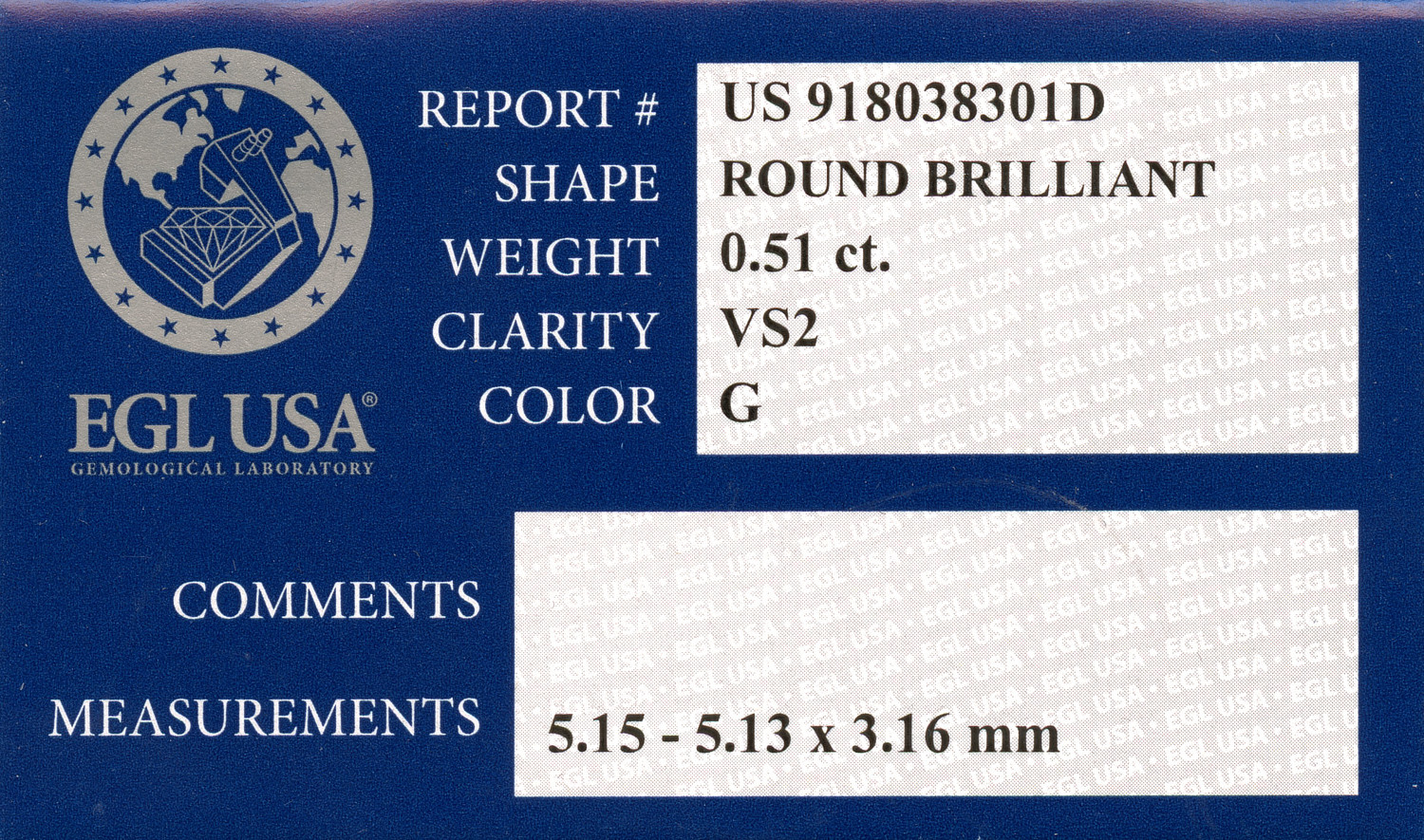 Gallery image of this EGL Certified 0.51ct Round Brilliant Cut Diamond G/VS2