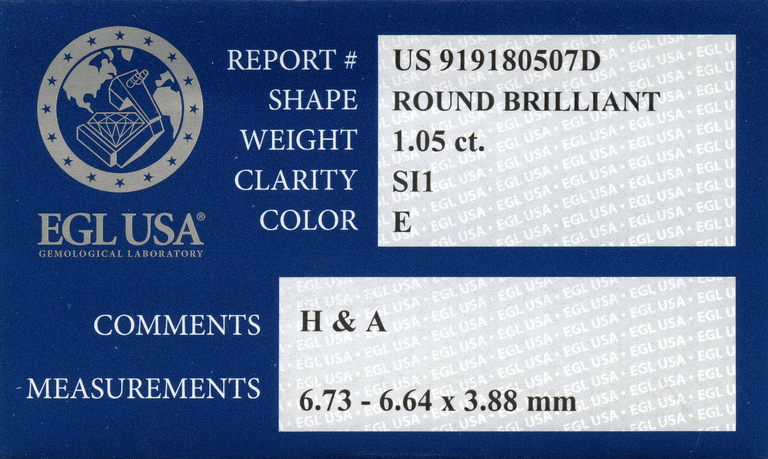 Gallery image of this EGL Certified 1.05ct Round Brilliant Cut Diamond E/SI1