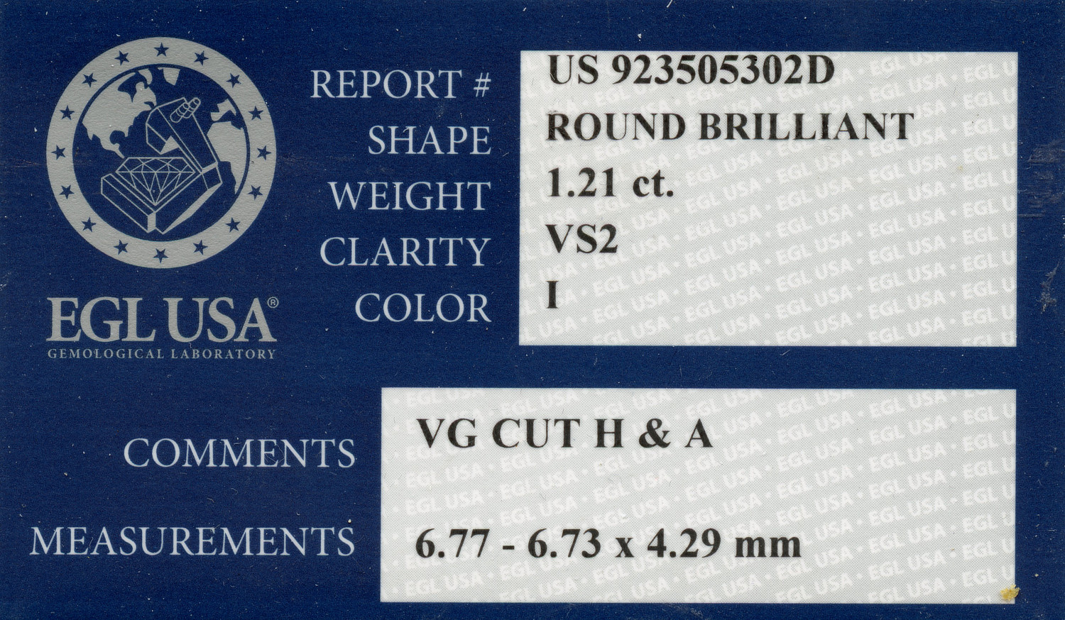 Gallery image of this EGL Certified 1.21ct Round Brilliant Cut Diamond I/VS2