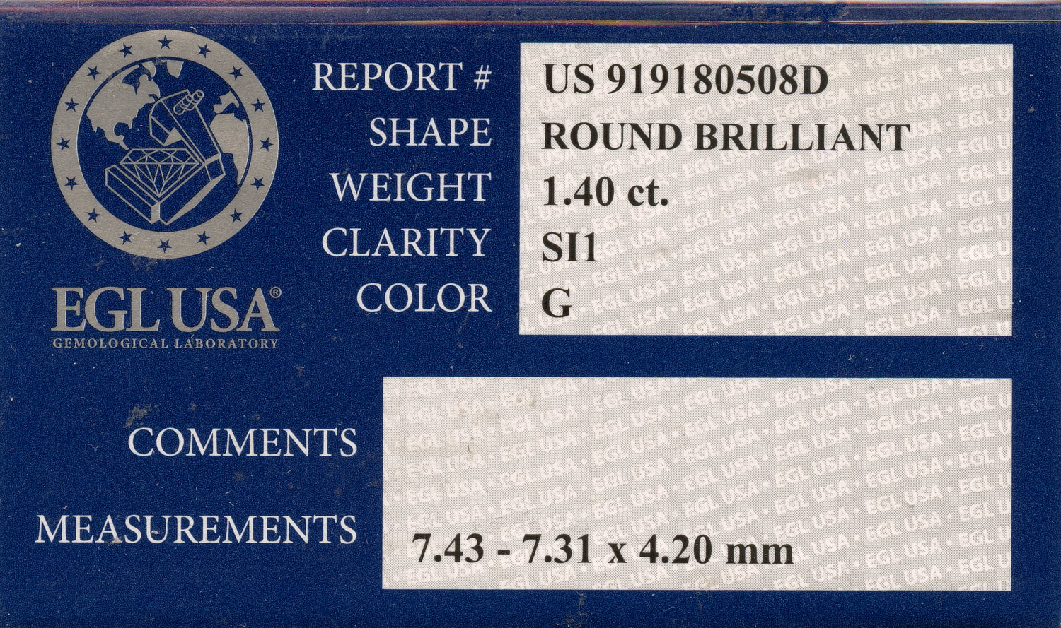 Gallery image of this EGL Certified 1.40ct Round Brilliant Cut Diamond G/SI1