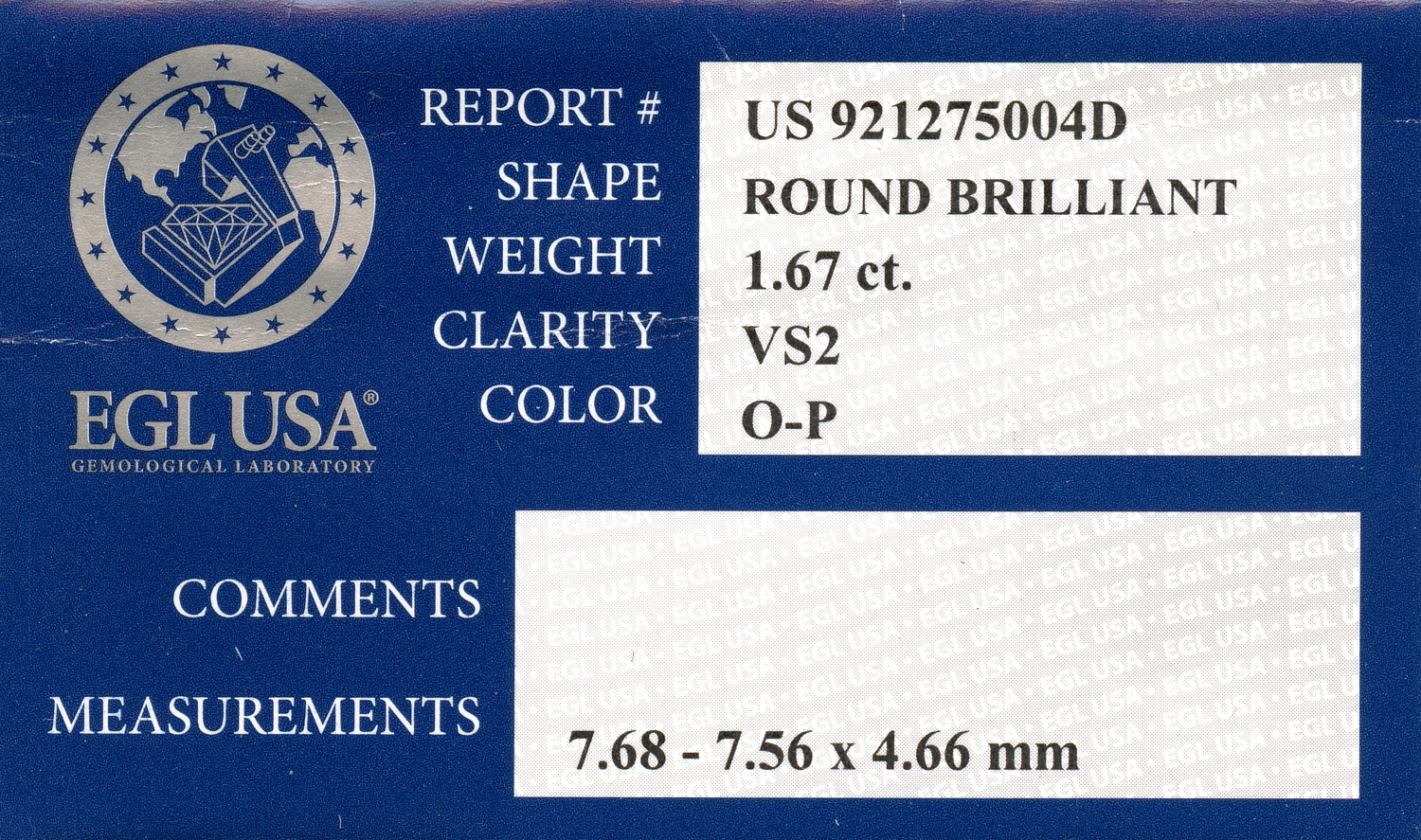 Gallery image of this EGL Certified 1.67ct Round Brilliant Cut Diamond O/VS2