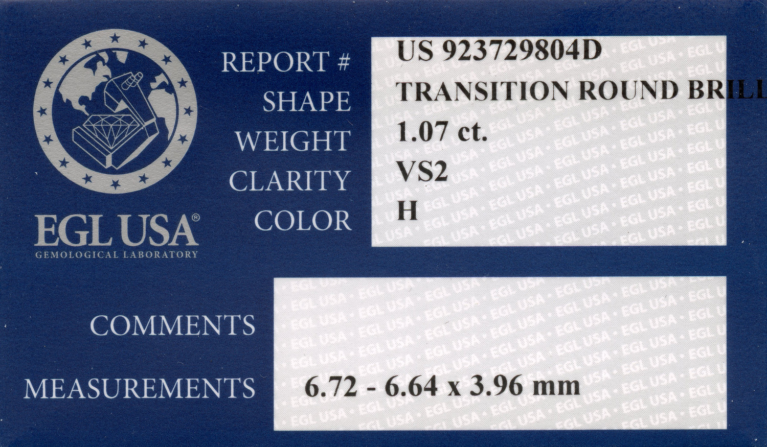 Gallery image of this EGL Certified 1.07ct Round Brilliant Cut Diamond H/VS2