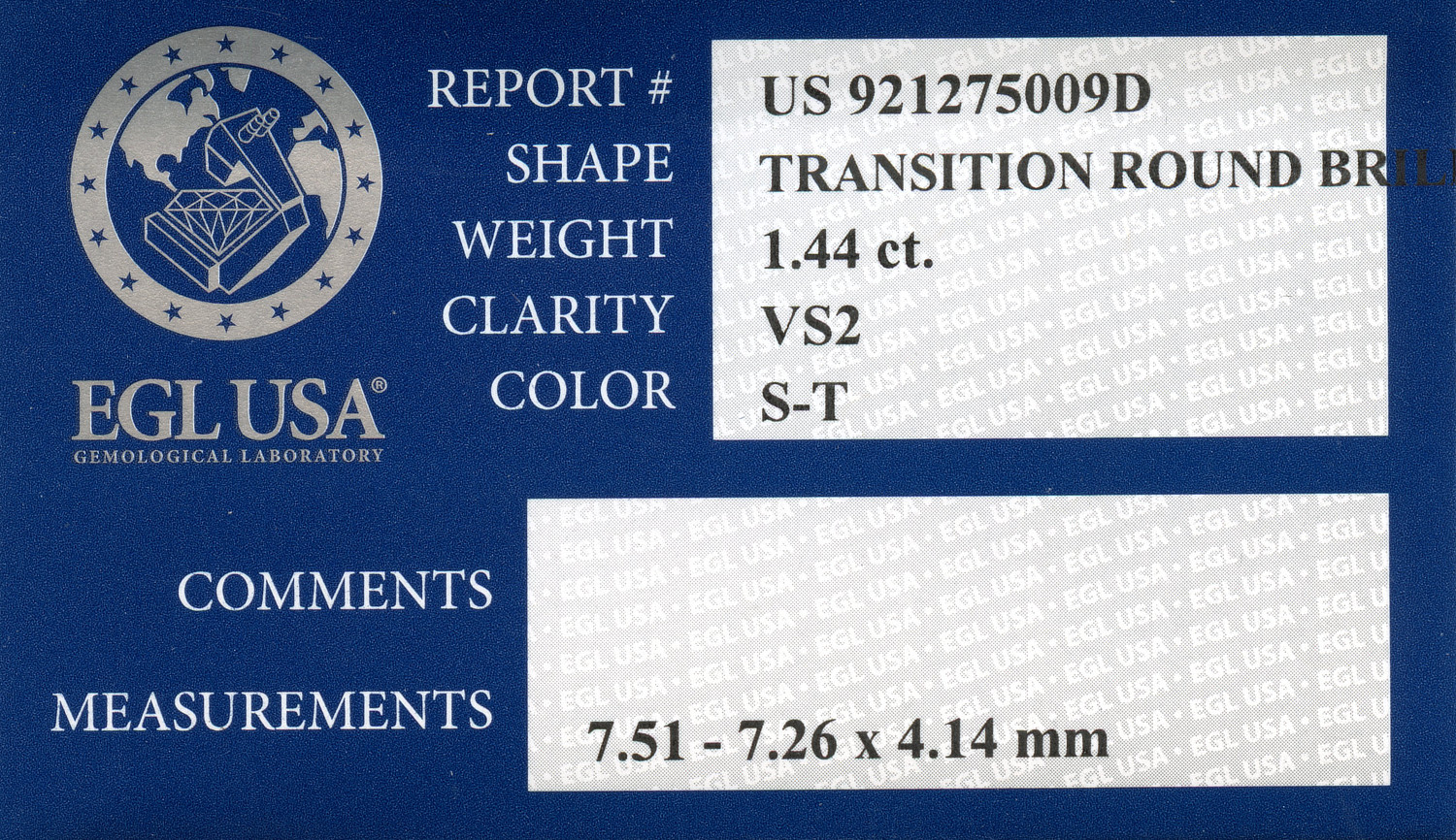 Gallery image of this EGL Certified 1.44ct Round Brilliant Cut Diamond S/VS2