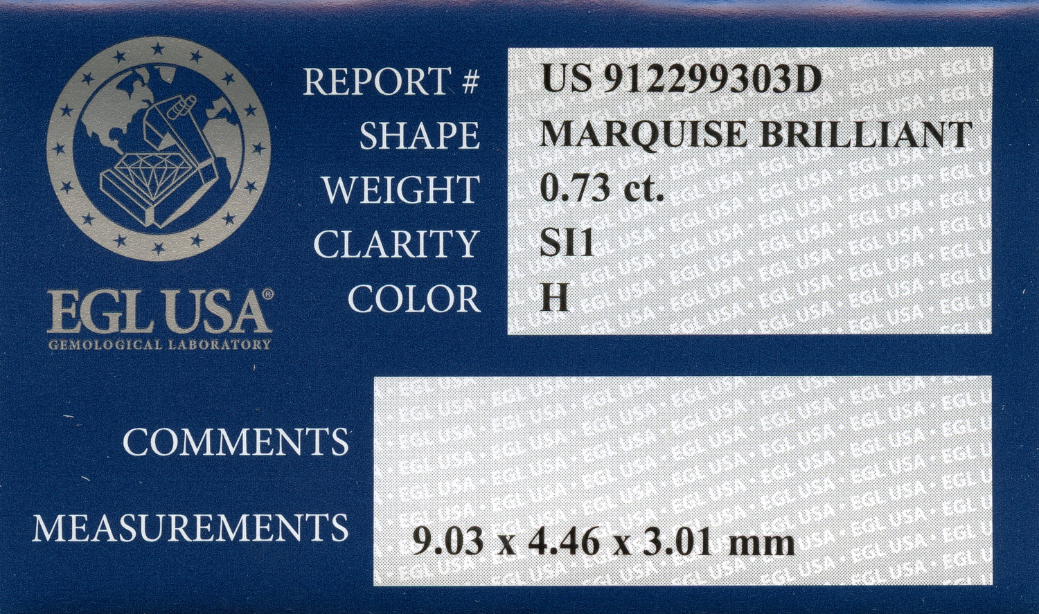 Gallery image of this EGL Certified 0.73ct Marquise Cut Diamond H/SI1