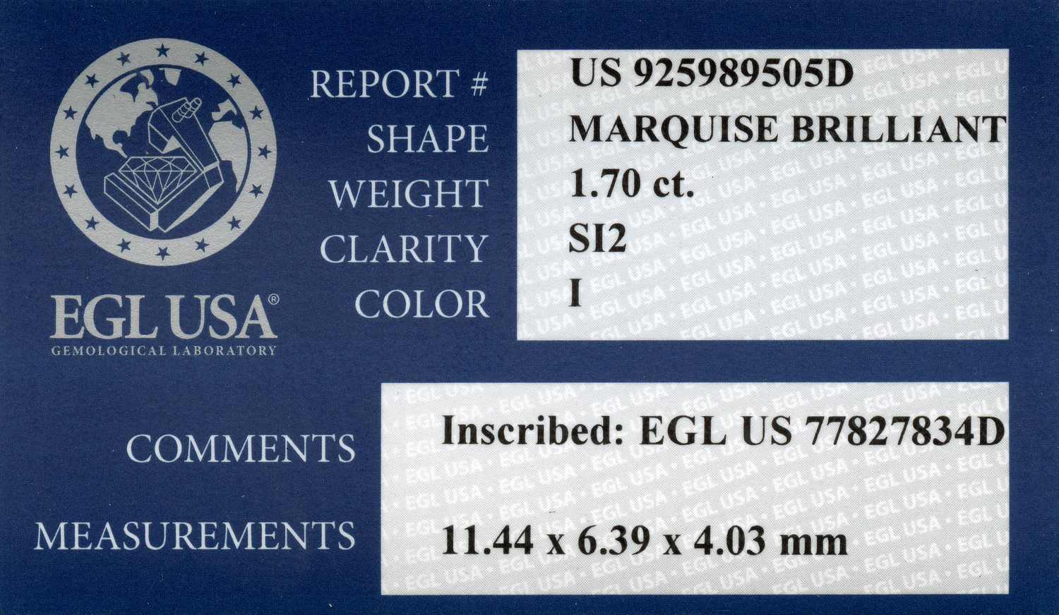 Gallery image of this EGL Certified 1.70ct Marquise Cut Diamond I/SI2