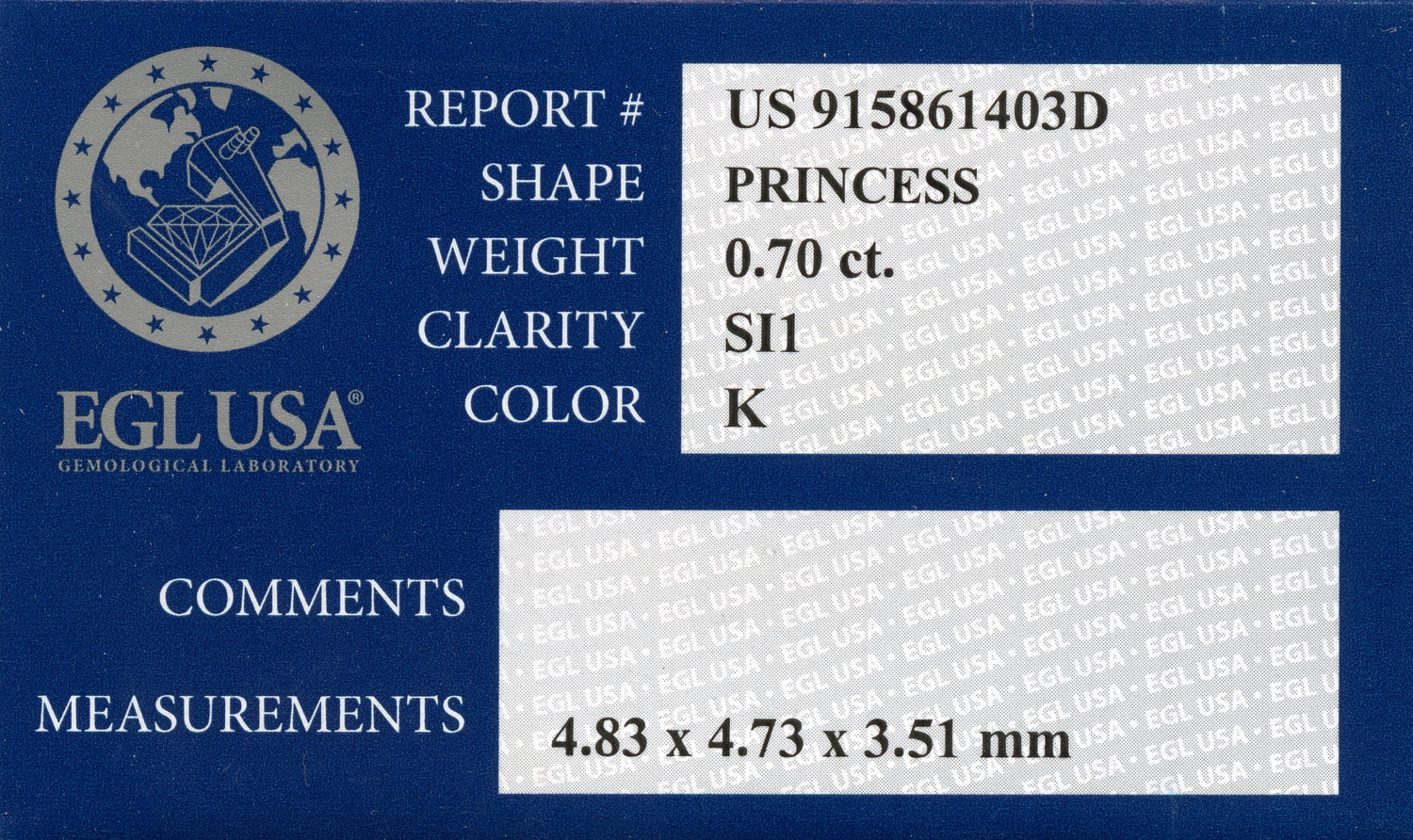 Gallery image of this EGL Certified 0.70ct Princess Cut Diamond K/SI1
