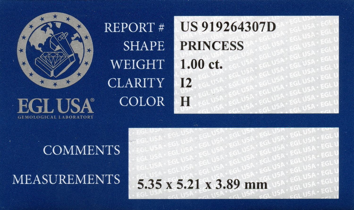 Gallery image of this EGL Certified 1.00ct Princess H/I2 Diamond