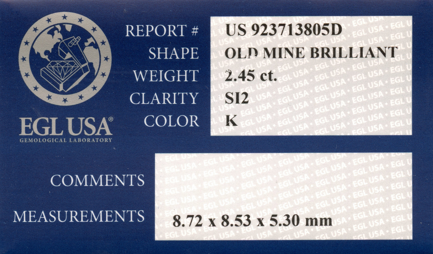 Gallery image of this EGL Certified 2.45ct Old Mine Cut Diamond K/SI2