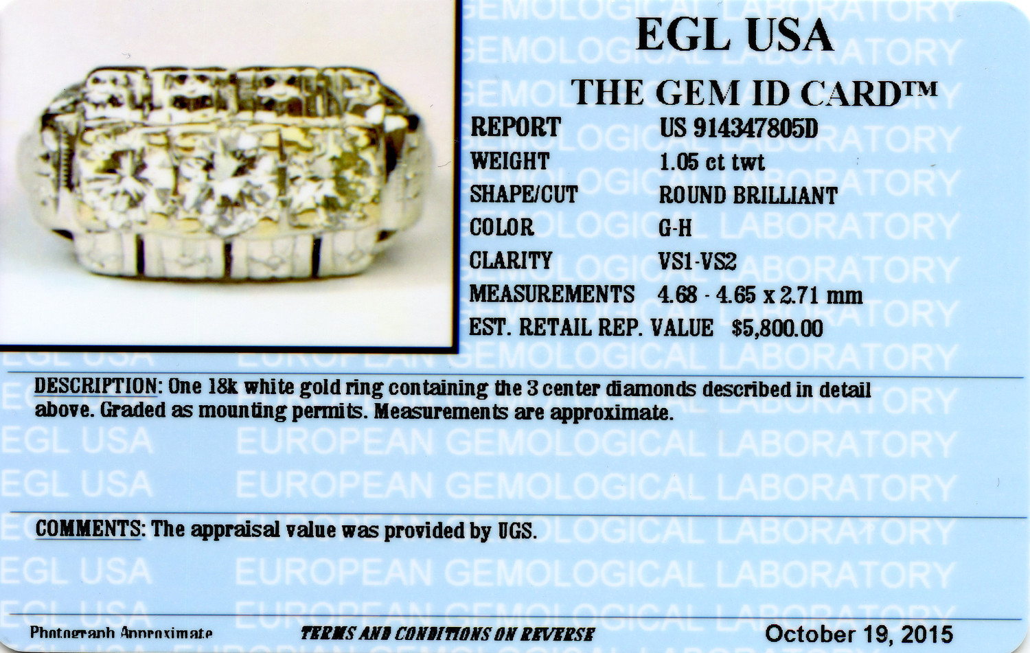 Gallery image of this Women’s 18k White Gold Diamond Ring EGL cert.