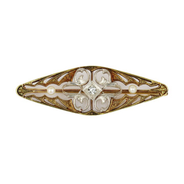 Featured image of this Women’s 14k Yellow Gold Diamond, Pearl Vintage Brooch