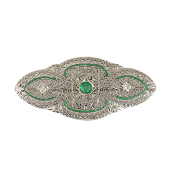 Featured image of this Women’s 14k White Gold Diamond, Emerald Vintage Brooch