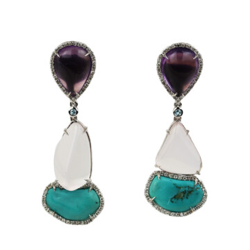 Featured image of this Women’s 14k White Gold Amethyst, Diamond, Quartz, Turquoise Dangle Earrings