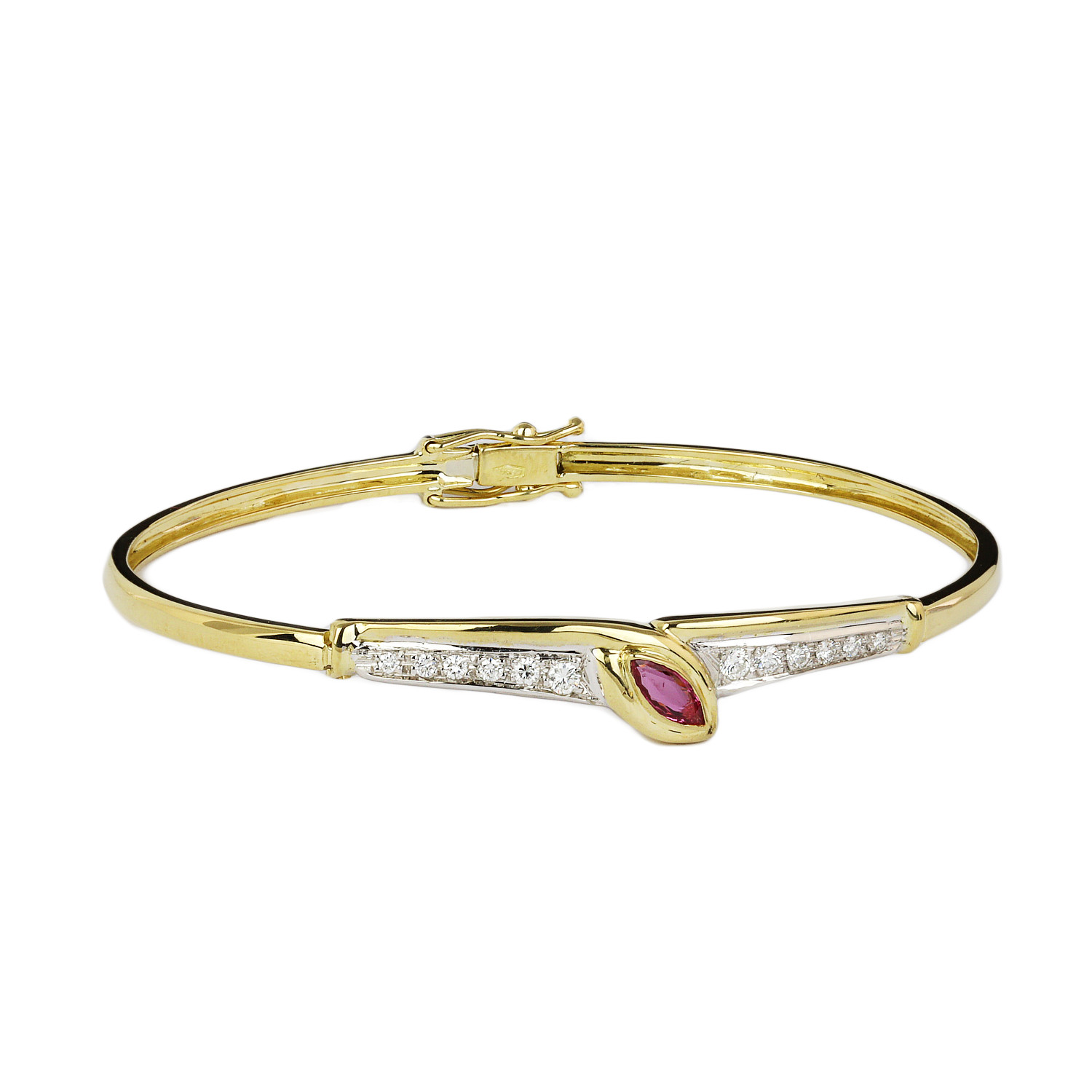 Featured image of this Women’s 18k Yellow & White Gold, Diamond, Ruby Bangle Bracelet