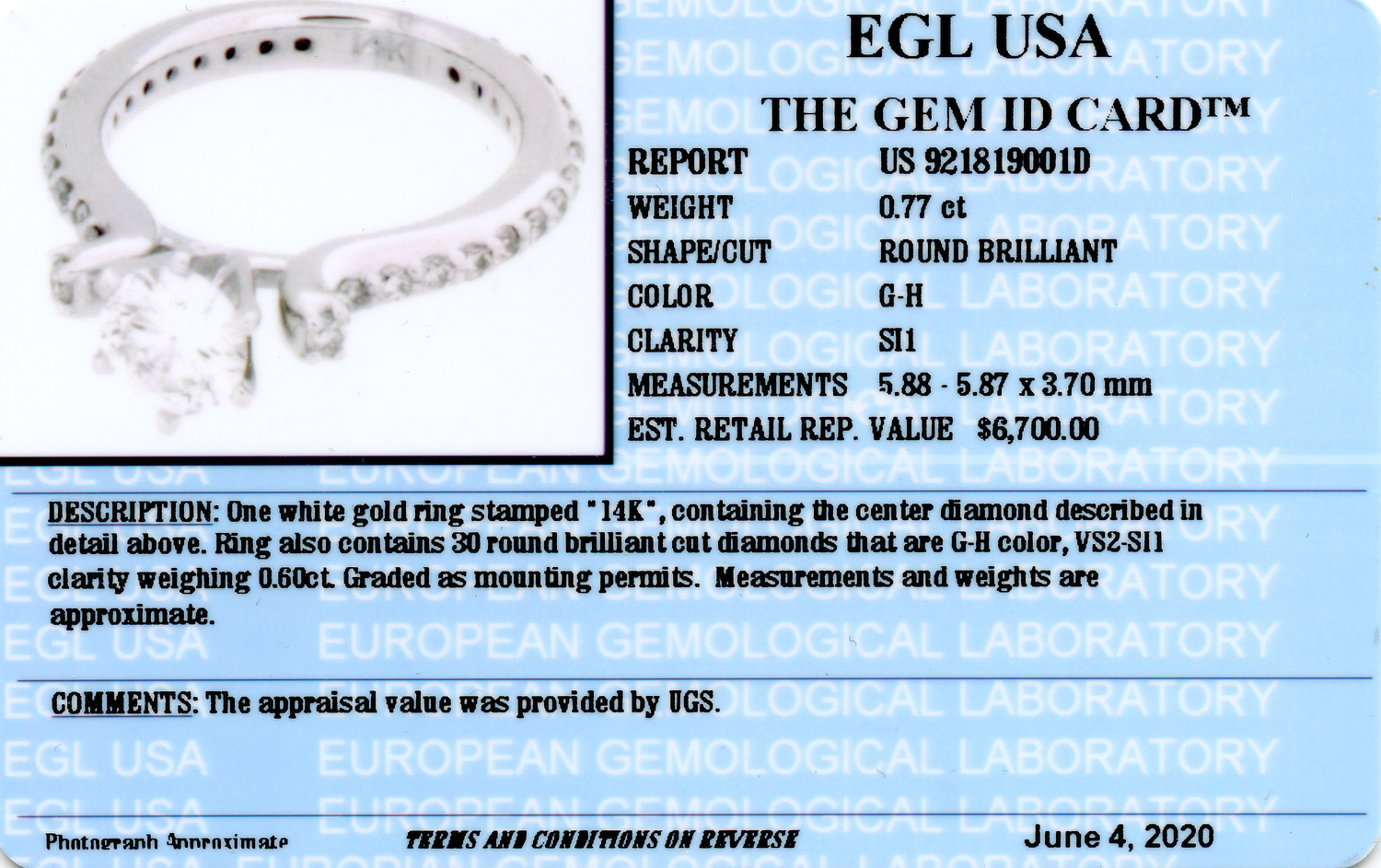 Gallery image of this Women’s 14k White Gold Diamond Bridal Ring EGL Cert.