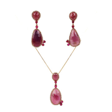 Featured image of this Fischer Women’s 14k Rose Gold Diamond, Ruby Necklace & Earrings Set