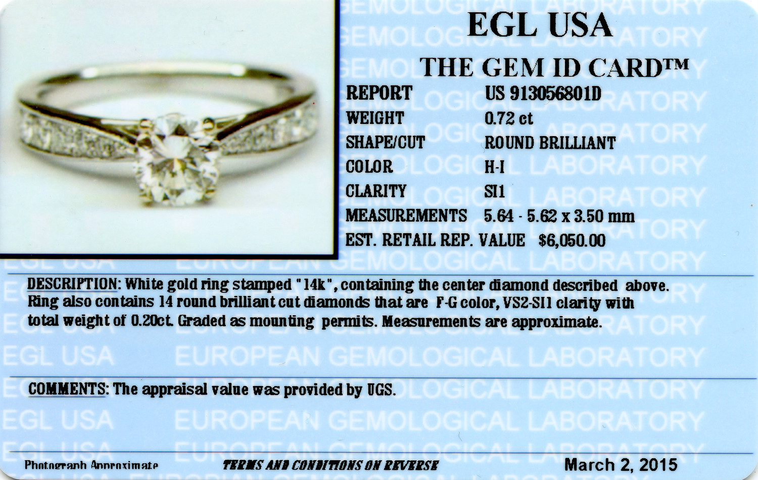 Gallery image of this Women’s 14k White Gold Diamond Bridal Ring EGL Cert Size 6