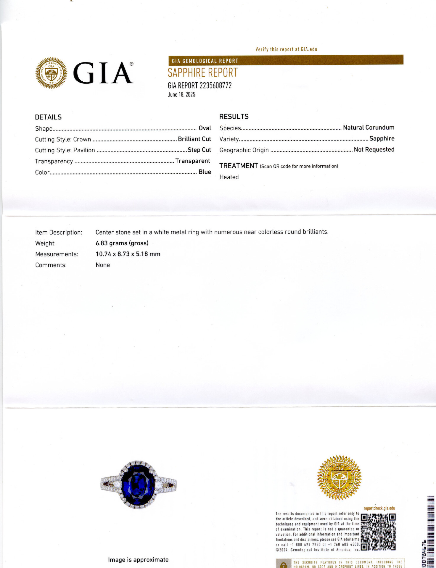 Gallery image of this Women’s 14k White Gold Diamond, Sapphire Ring GIA Cert