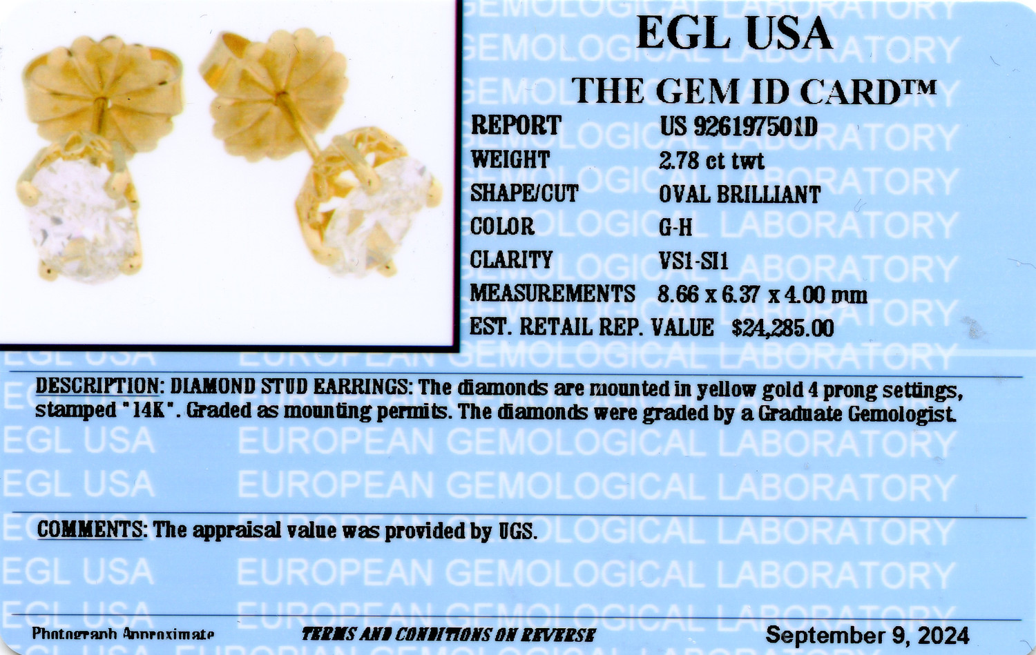 Gallery image of this Women’s 14k Yellow Gold Diamond Stud Earrings EGL Cert