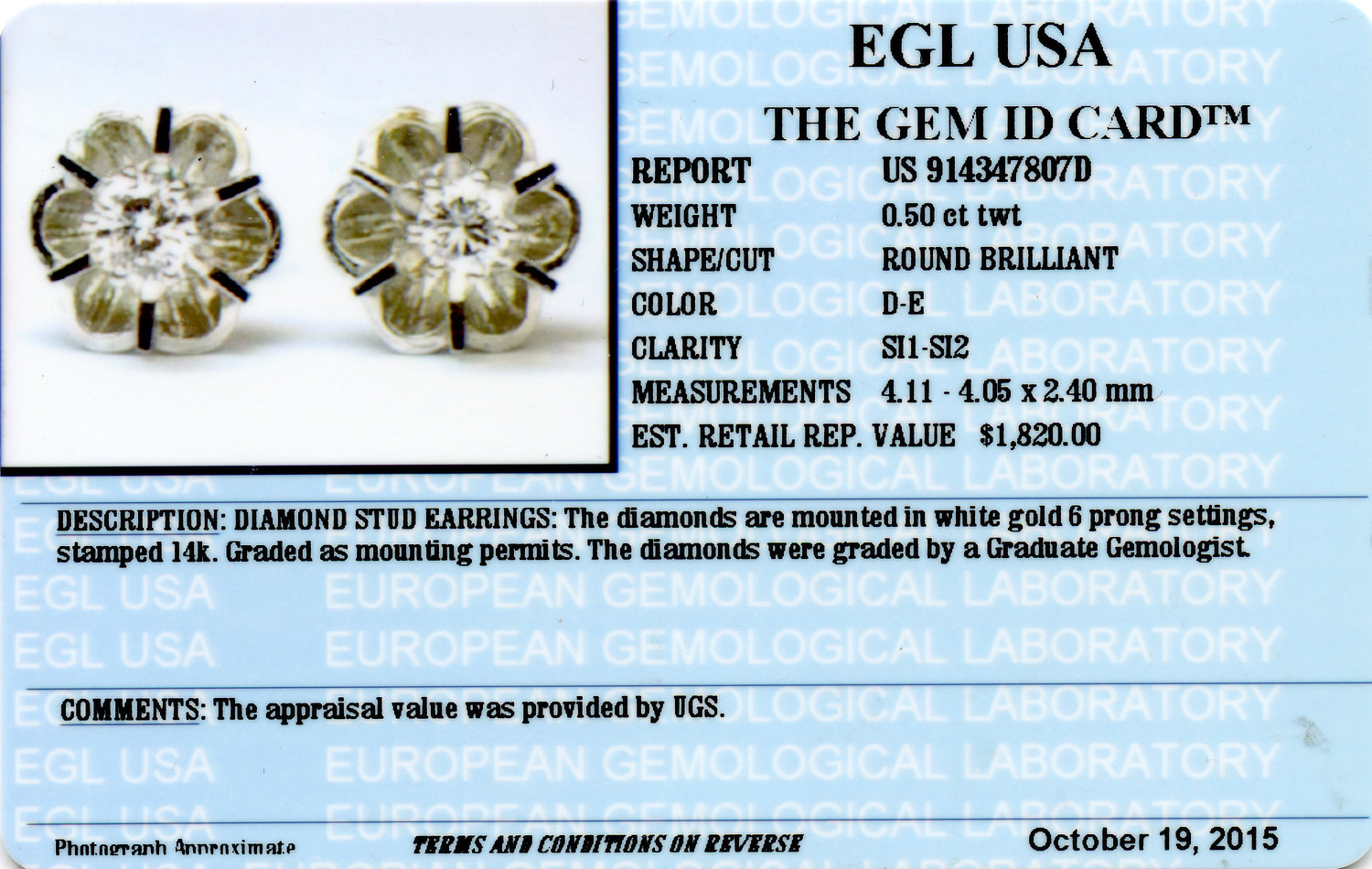 Gallery image of this Women’s 14k White Gold Diamond Stud Earrings EGL Cert