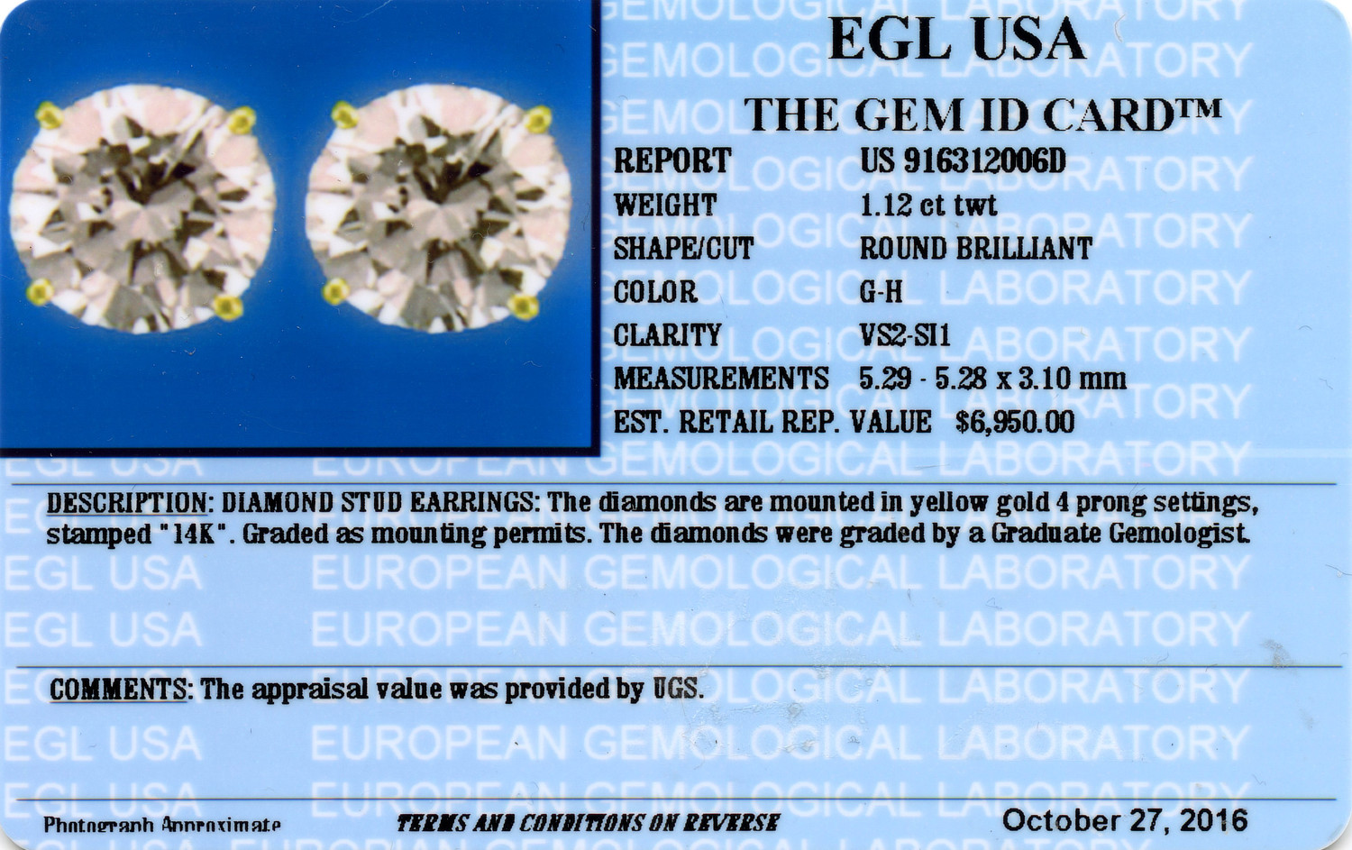 Gallery image of this Women’s 14k Yellow Gold Diamond Stud Earrings EGL Cert