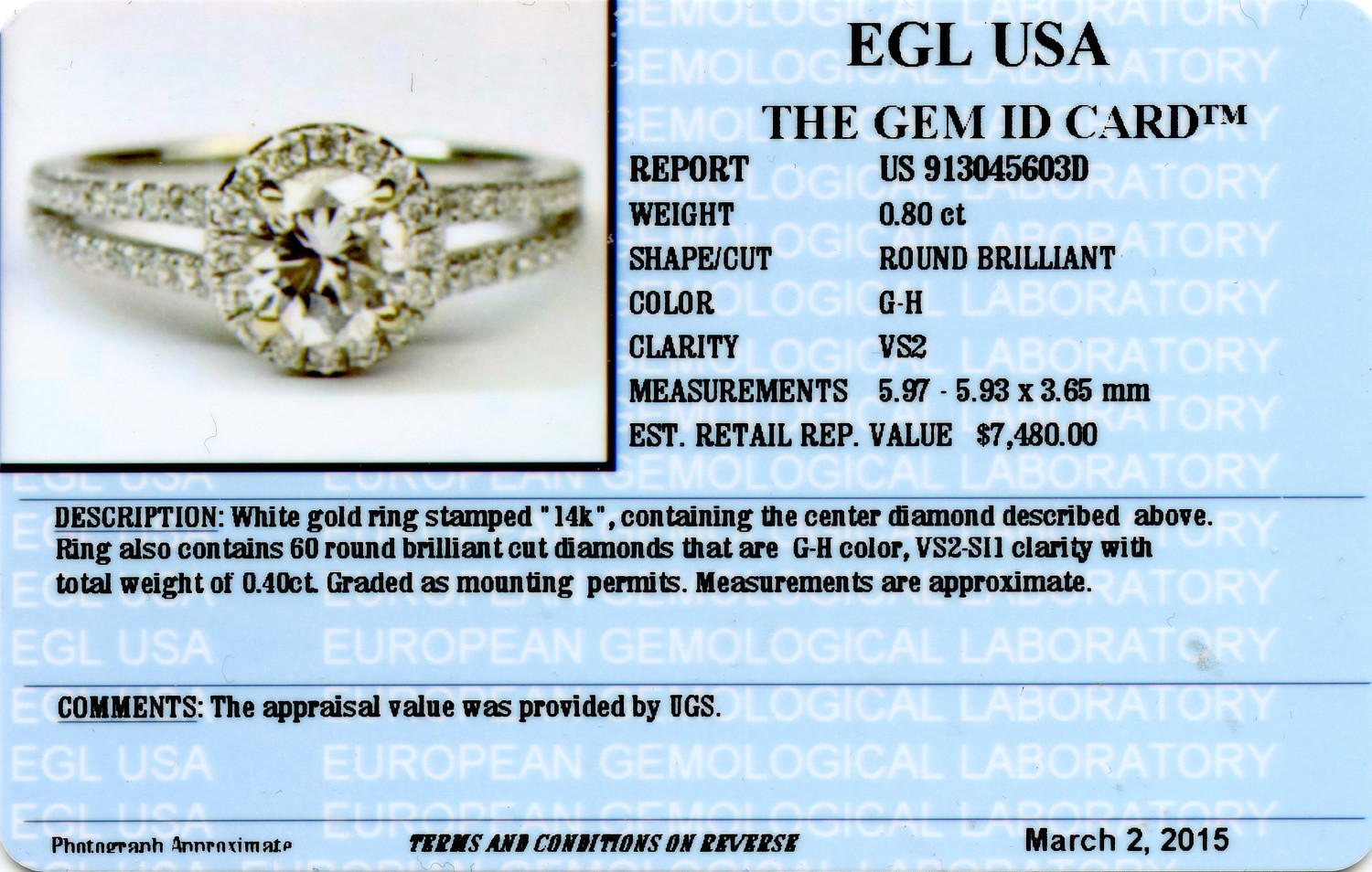 Gallery image of this Women’s 14k White Gold Diamond Bridal Ring EGL Cert