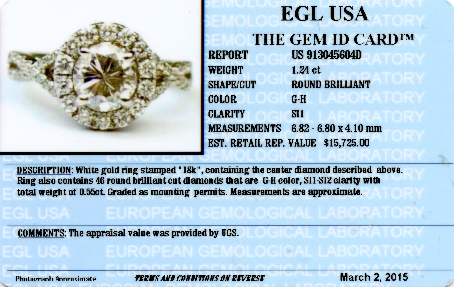 Gallery image of this Women’s 18k White Gold Diamond Bridal Ring EGL Cert