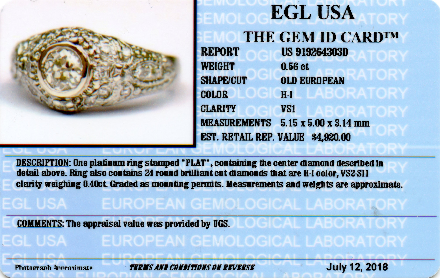 Gallery image of this Women’s Platinum Diamond Ring EGL Cert