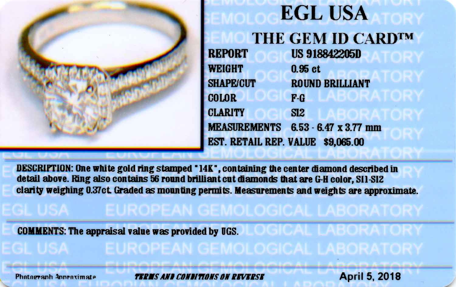 Gallery image of this Women’s 14k White Gold Diamond Bridal Ring EGL Cert